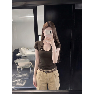 夏季美式复古U领褶皱显瘦女T恤