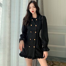 裙子收腰修身 衬衫 双排扣翻领A字连衣裙女装 新款 2019秋季 气质长袖