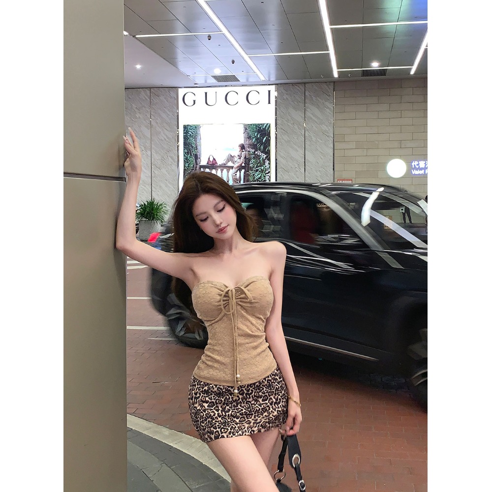 甜辣设计感蕾丝绑带纯色抽绳抹胸背心夏季可挂脖带胸垫裹胸上衣女