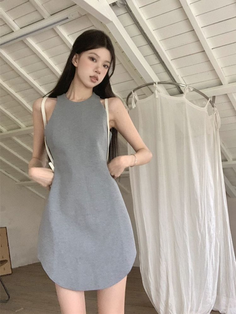 辣妹纯色圆领无袖包臀连衣裙女秋季长袖宽松中长款西装上衣套装潮