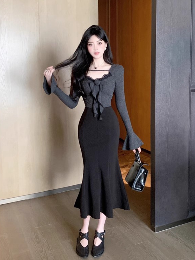 法式气质套装女修身蕾丝拼接木耳边上衣秋季高腰鱼尾半身裙两件套