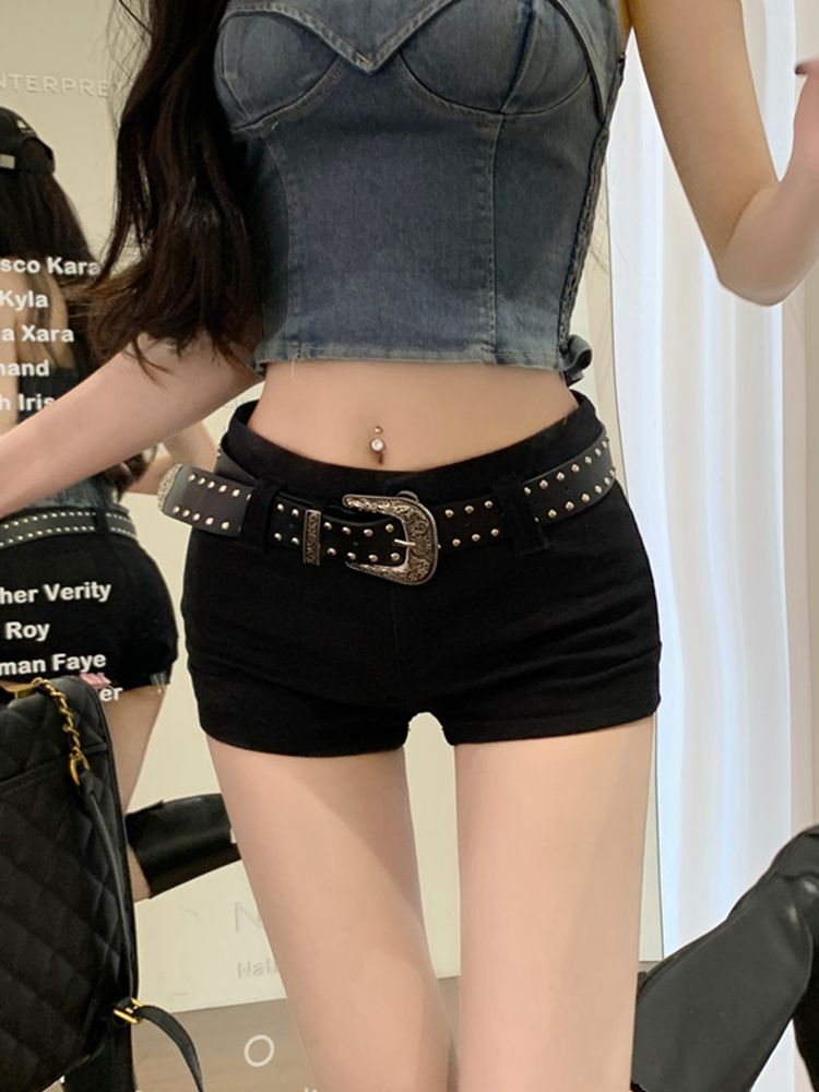 辣妹低腰热裤百搭修身小个子短裤女装夏季显瘦直筒裤子黑色阔腿裤
