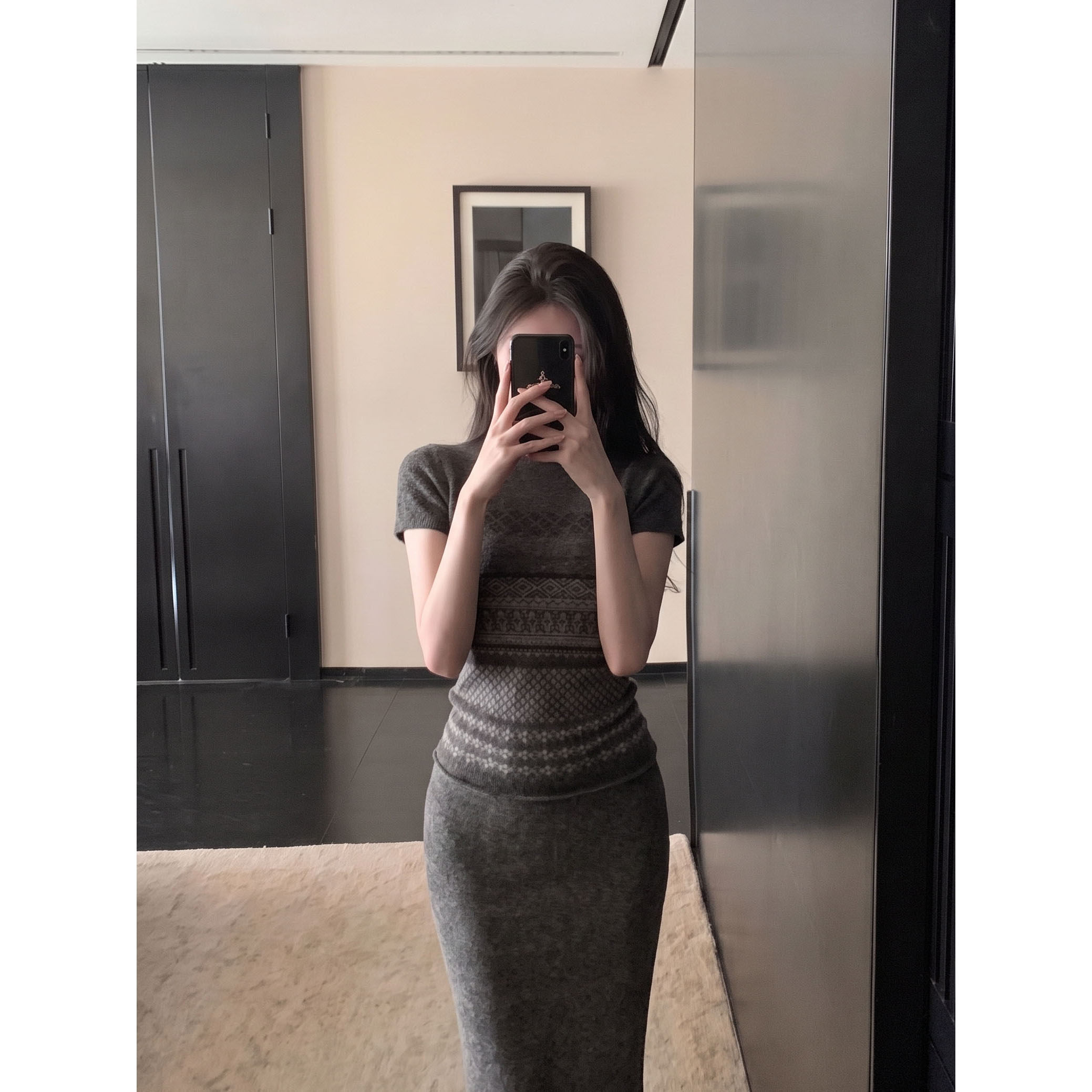 费尔岛灰色高领提花针织毛衣女早秋装小众设计感修身内搭显瘦上衣