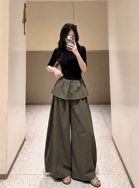 韩系夏季百搭通勤皮帘阔腿裤女