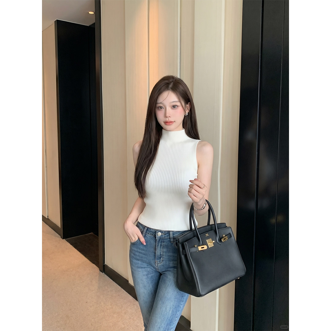 韩系纯欲风辣妹半高领无袖针织背心女夏季新款高级感气质修身上衣图片