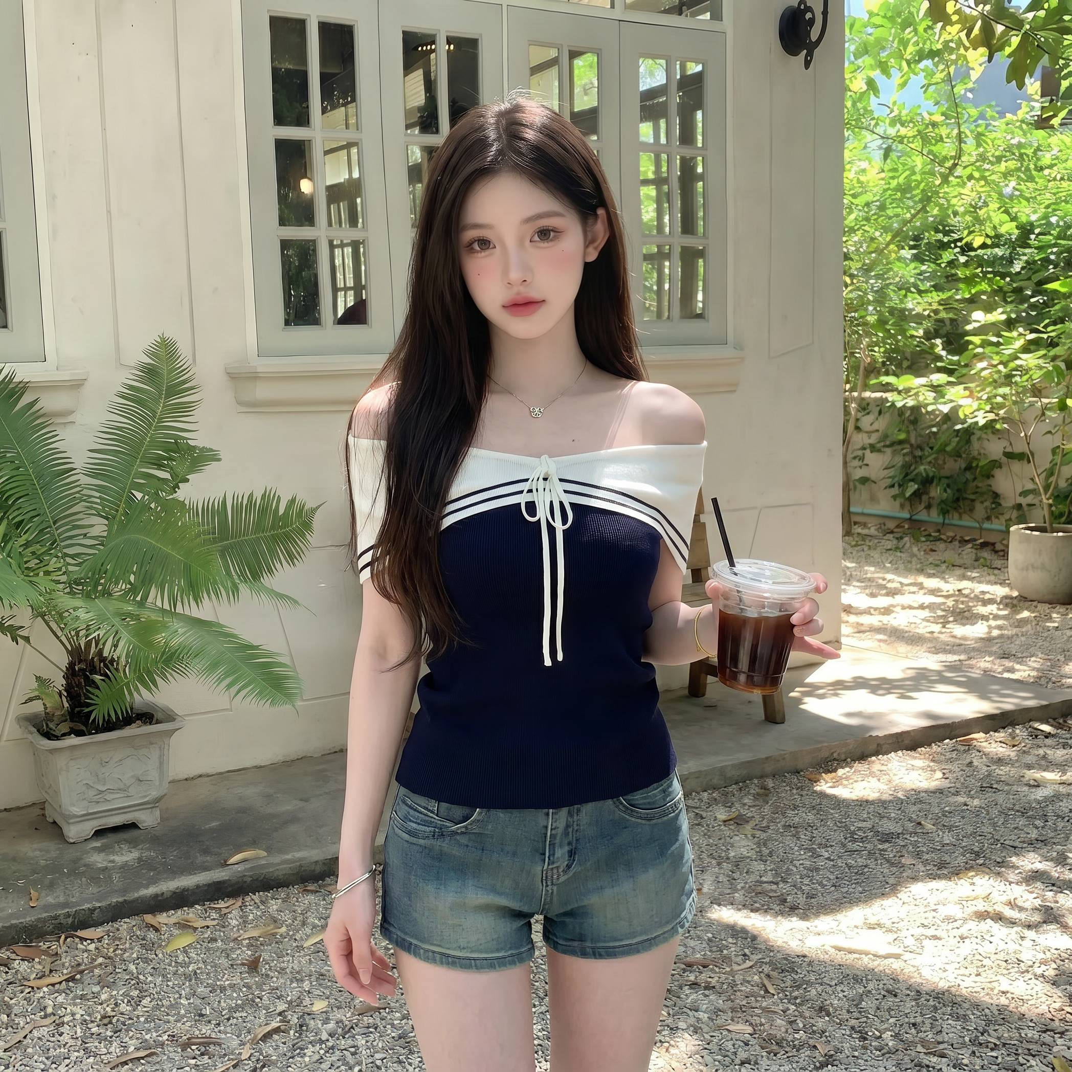 法式一字肩撞色绑带针织衫少女夏季小众设计感海军领显瘦减龄上衣