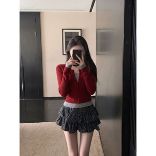 韩版撞色假两件针织开衫女秋季新款短款修身显瘦红色毛衣洋气上衣