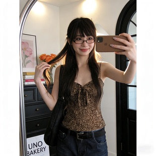 收腰无袖 棕色豹纹吊带背心女外穿夏季 辣妹修身 美式 短上衣 2026新款