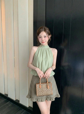 法式绿色挂脖无袖背心吊带女装夏季新款小众高级感蝴蝶结花苞上衣