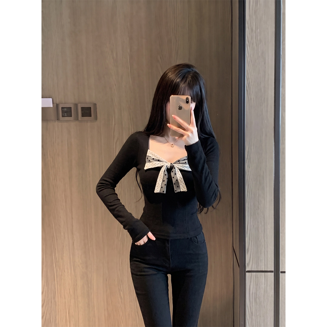 甜辣风黑色波点蝴蝶结长袖T恤女秋季纯欲感修身显瘦百搭气质上衣