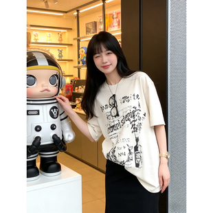 纸片人T复古小众做旧字母涂鸦印花短袖T恤女中长款宽松休闲上衣潮