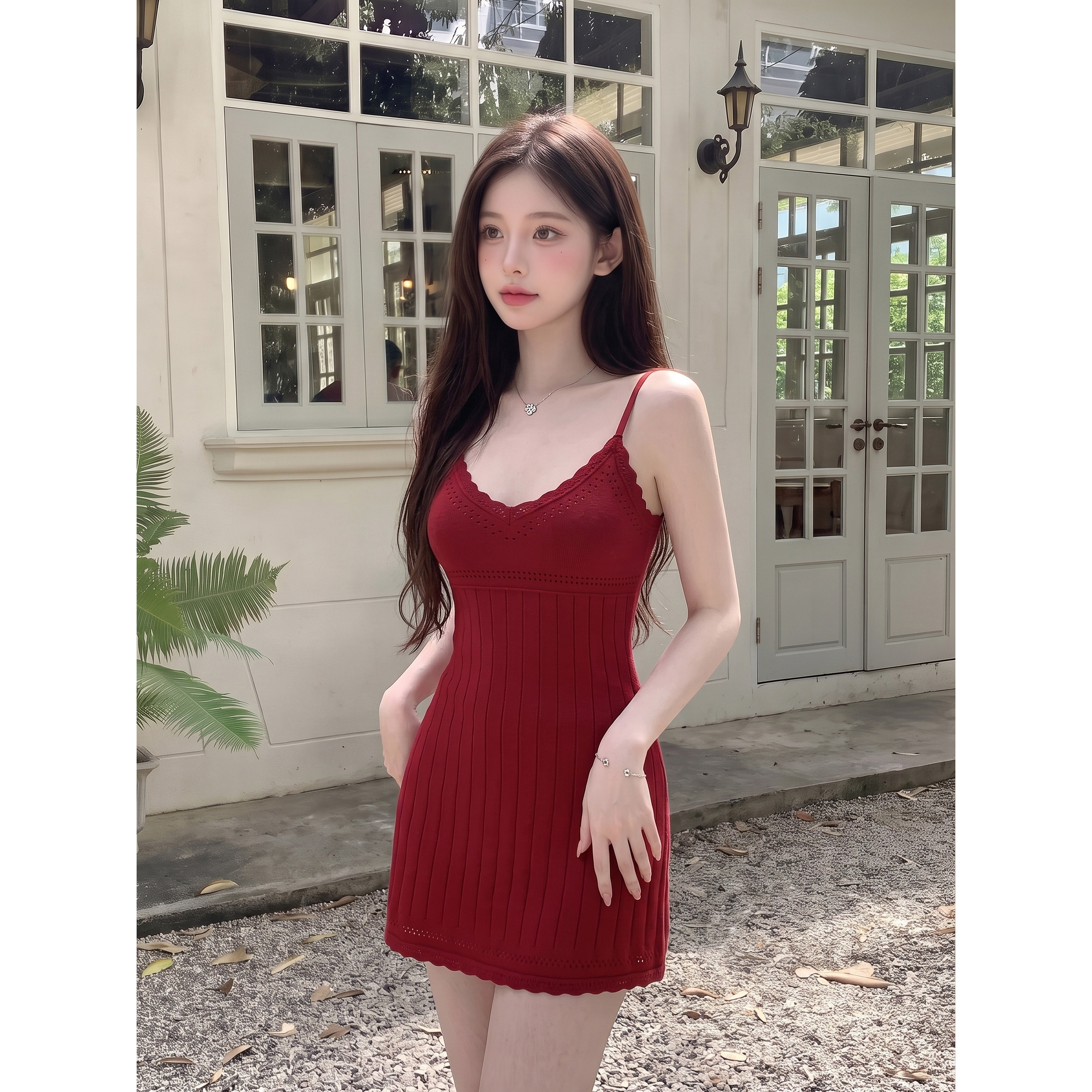 夏季纯欲修身V领镂空吊带连衣裙图片