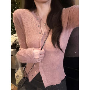 法式小香风重工亮闪打底毛衣开衫女春季修身内搭短款针织外套上衣