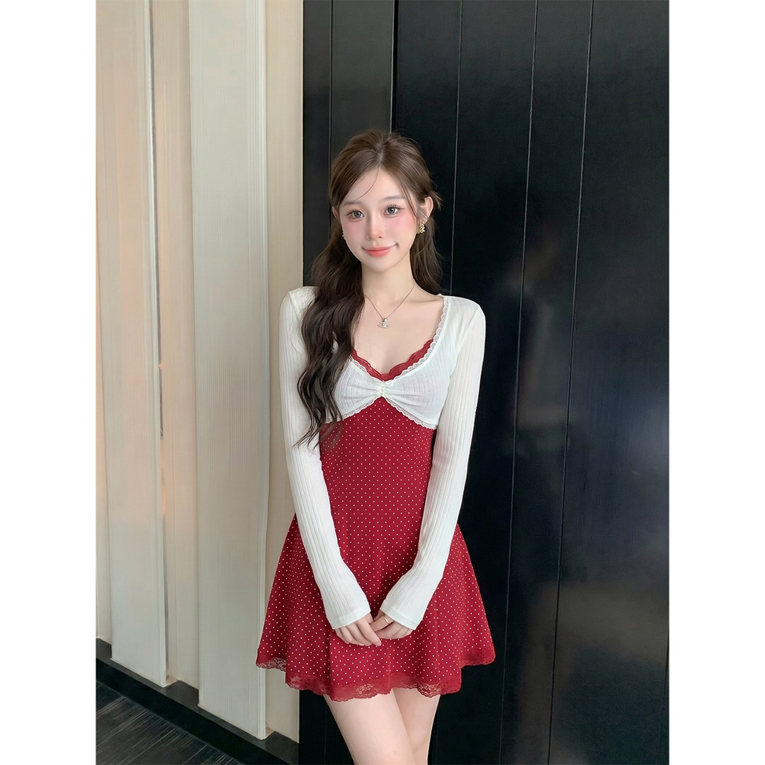 法式温柔风蕾丝波点拼接吊带连衣裙女夏季外搭长袖上衣两件套短裙