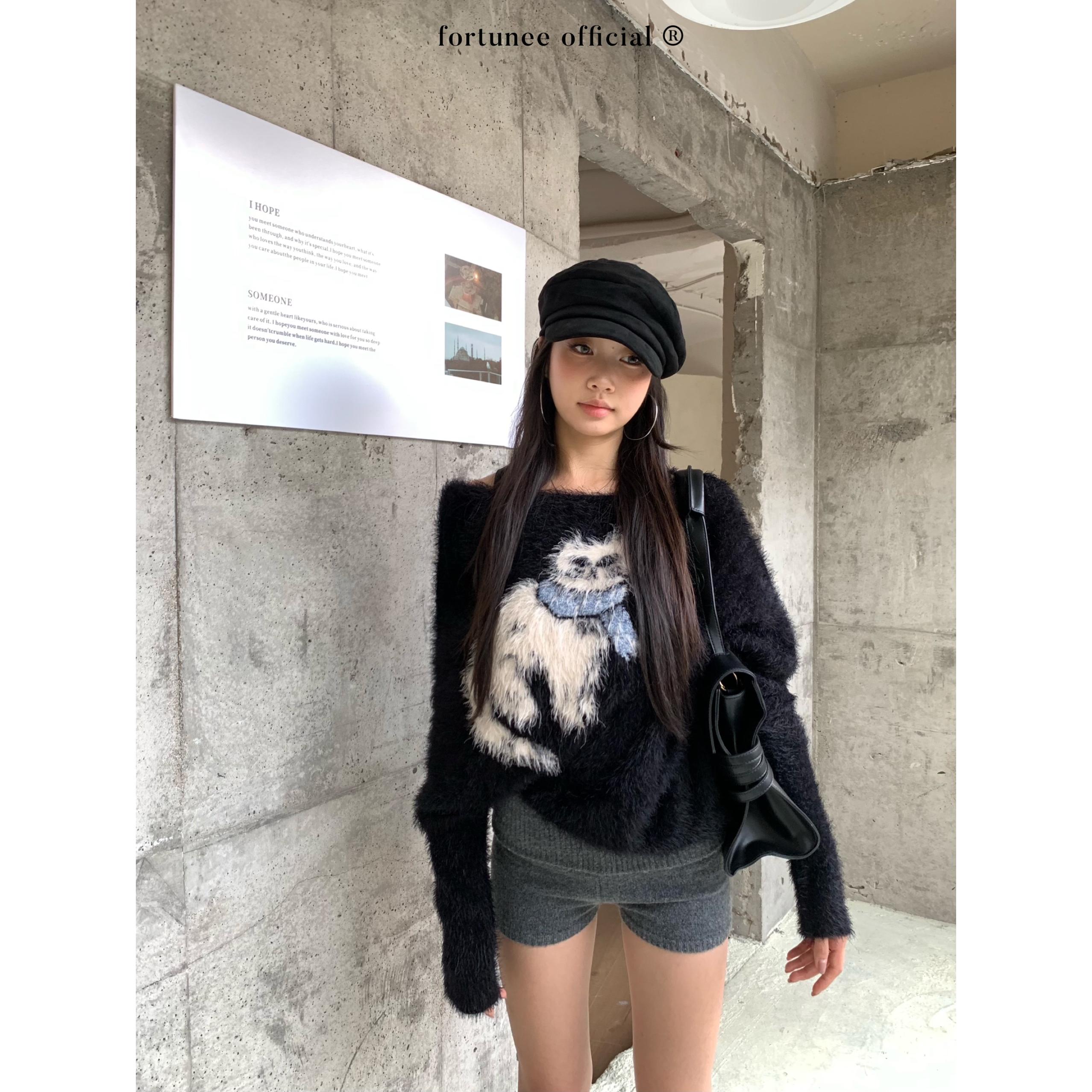 黑色仿水貂绒兔子图案套头毛衣女秋冬小个子宽松慵懒风针织衫上衣