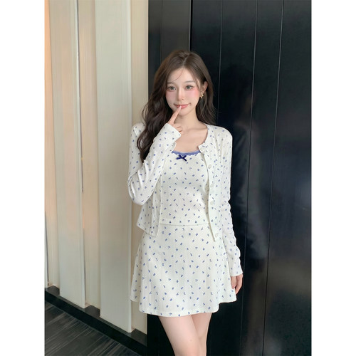 法式小清新碎花吊带开衫套装女夏季小众温柔风高腰A字短裙两件套