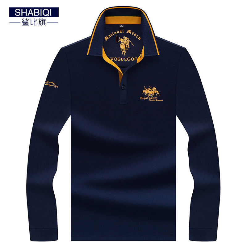 秋装新款100%棉翻领中青年男士长袖T恤宽松纯色polo衫潮保罗刺绣