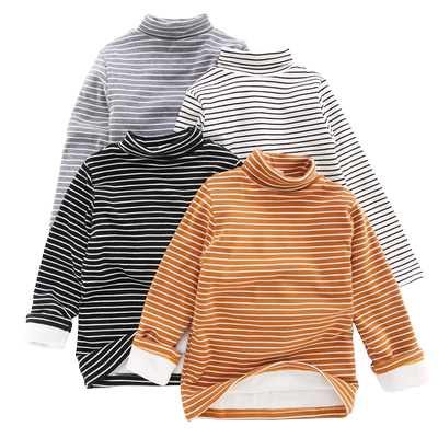 加绒加厚高领条纹长袖保暖打底衫