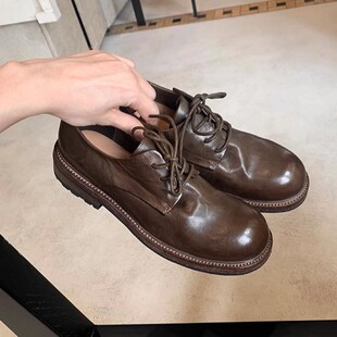 水洗马皮~真皮复古2026春秋系带小皮鞋女新款德比乐福鞋粗跟单鞋