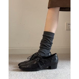 牛皮版~真皮英伦风圆头单鞋女深口粗跟通勤百搭系带小皮鞋乐福鞋