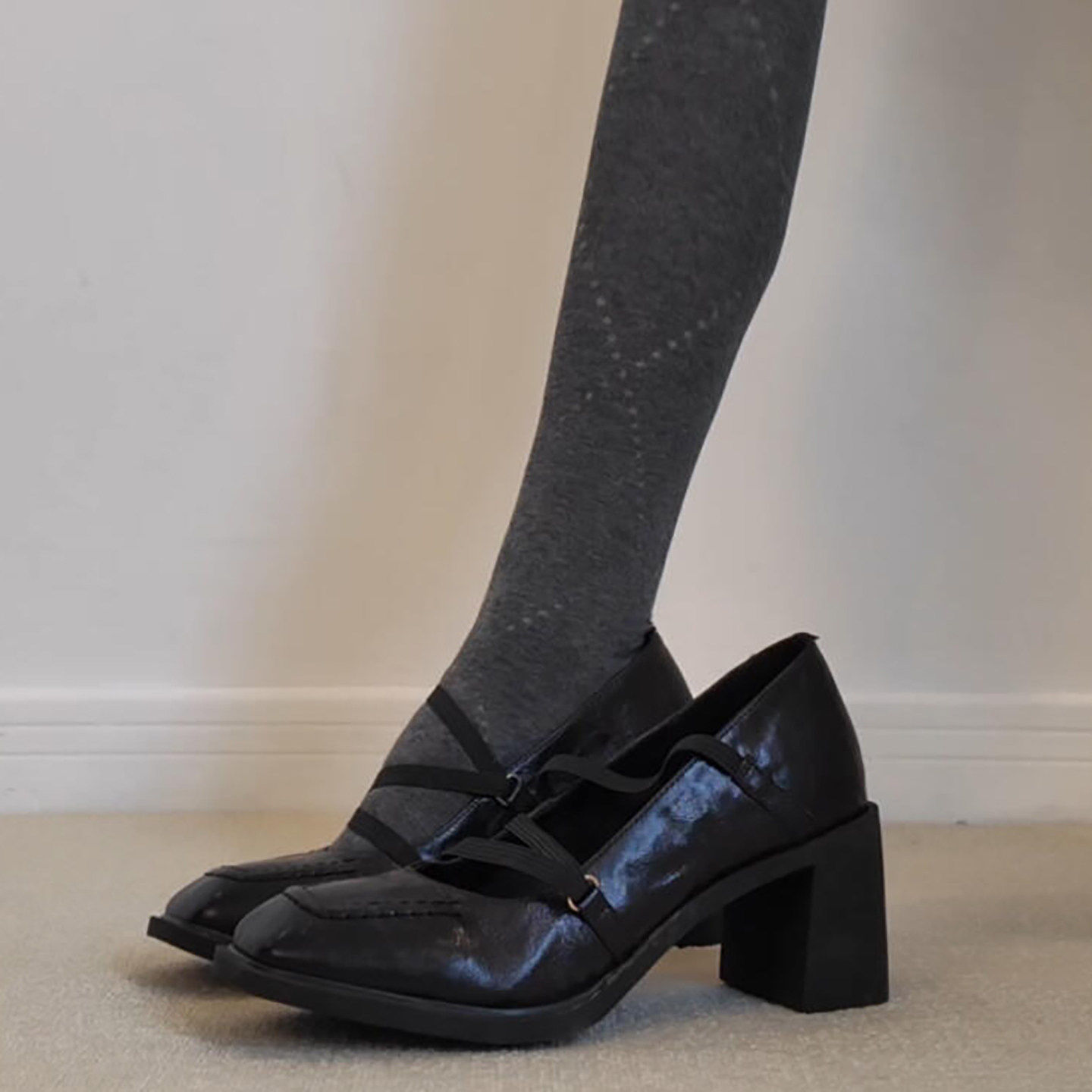 羊皮版~复古通勤真皮黑色粗跟玛丽珍鞋绝美气质软底方头高跟鞋女