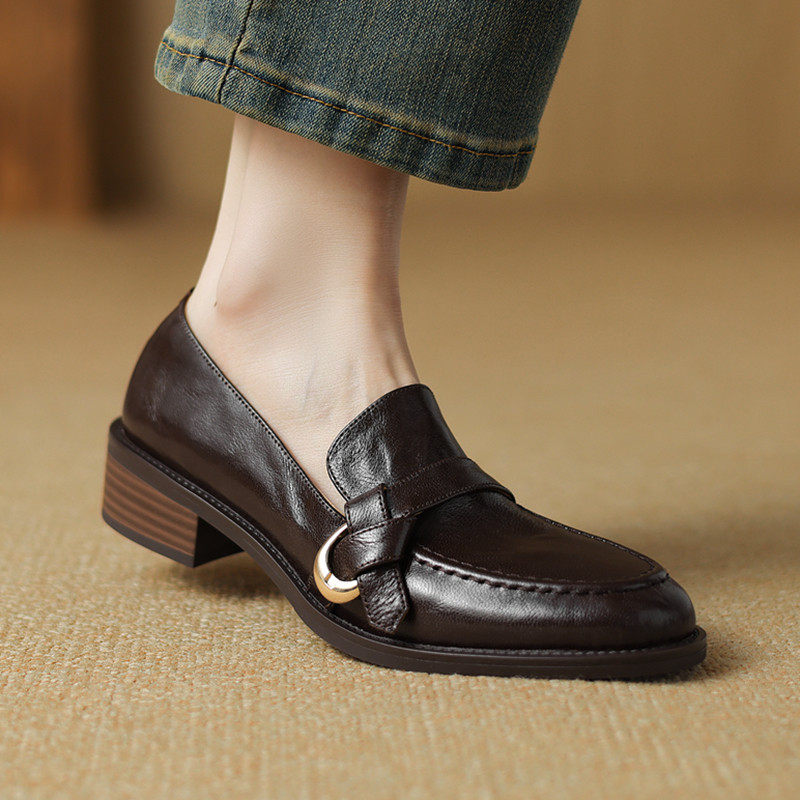 超软小羊皮~真皮中粗跟乐福鞋女浅口单鞋英伦风一脚蹬棕色小皮鞋,女鞋,深口单鞋,淘宝优惠券,粉丝福利购,淘宝优惠卷