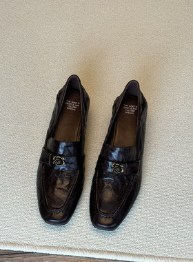 羊皮一脚蹬方头乐福鞋女山茶花春秋中跟粗跟黑色通勤小皮鞋英伦风