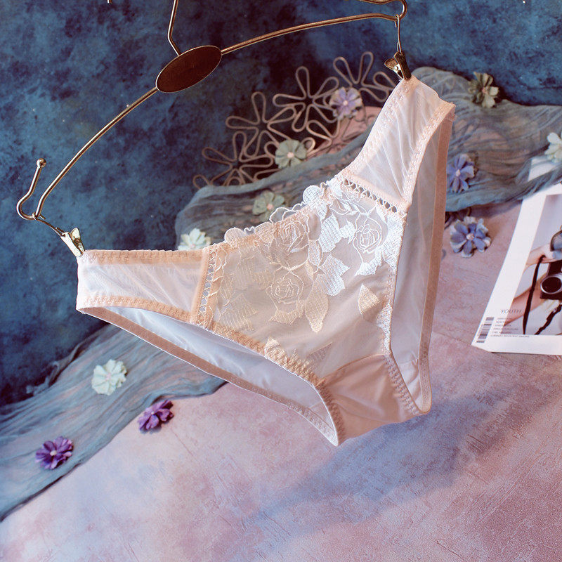 甜美蕾丝刺绣女内裤 性感透明网纱面料纯色少女生低腰提臀三角裤
