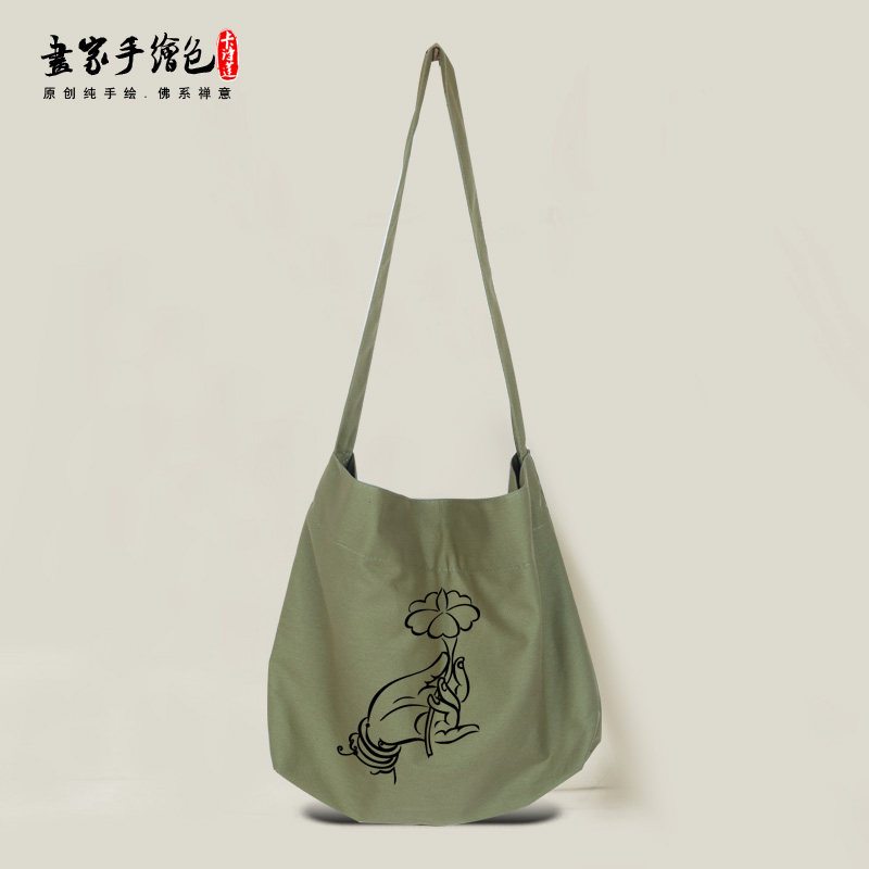 佛系禅意居士包僧包帆布斜跨包南无阿弥陀佛佛手花极简轻便大包