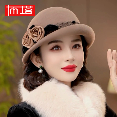 布塔秋冬季帽子女礼帽纯羊毛贝雷帽优雅复古圆顶定型帽PT1345