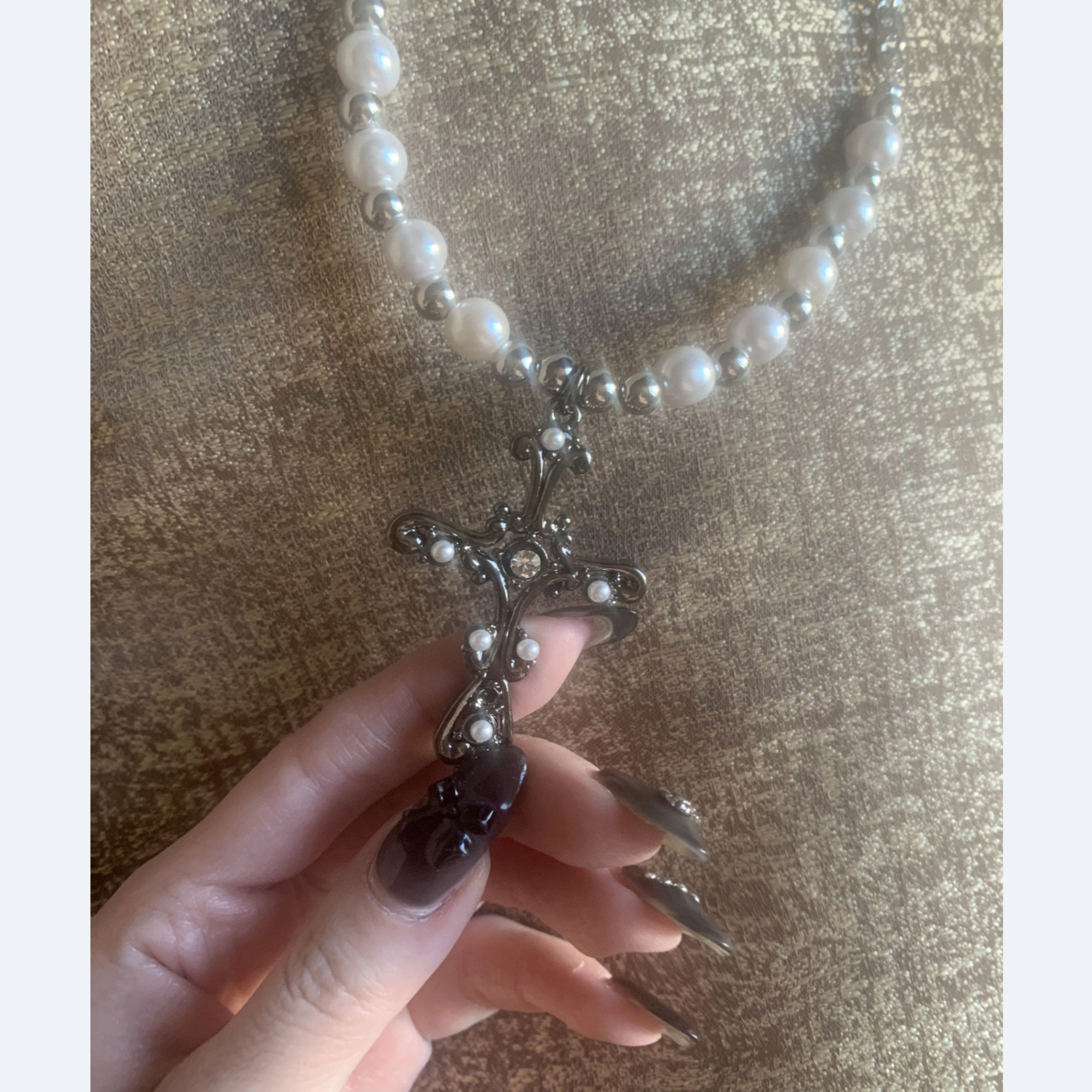 Shawne 25s冬新韩国正品代购 Y2K白珍珠组合个性十字架圆珠项链