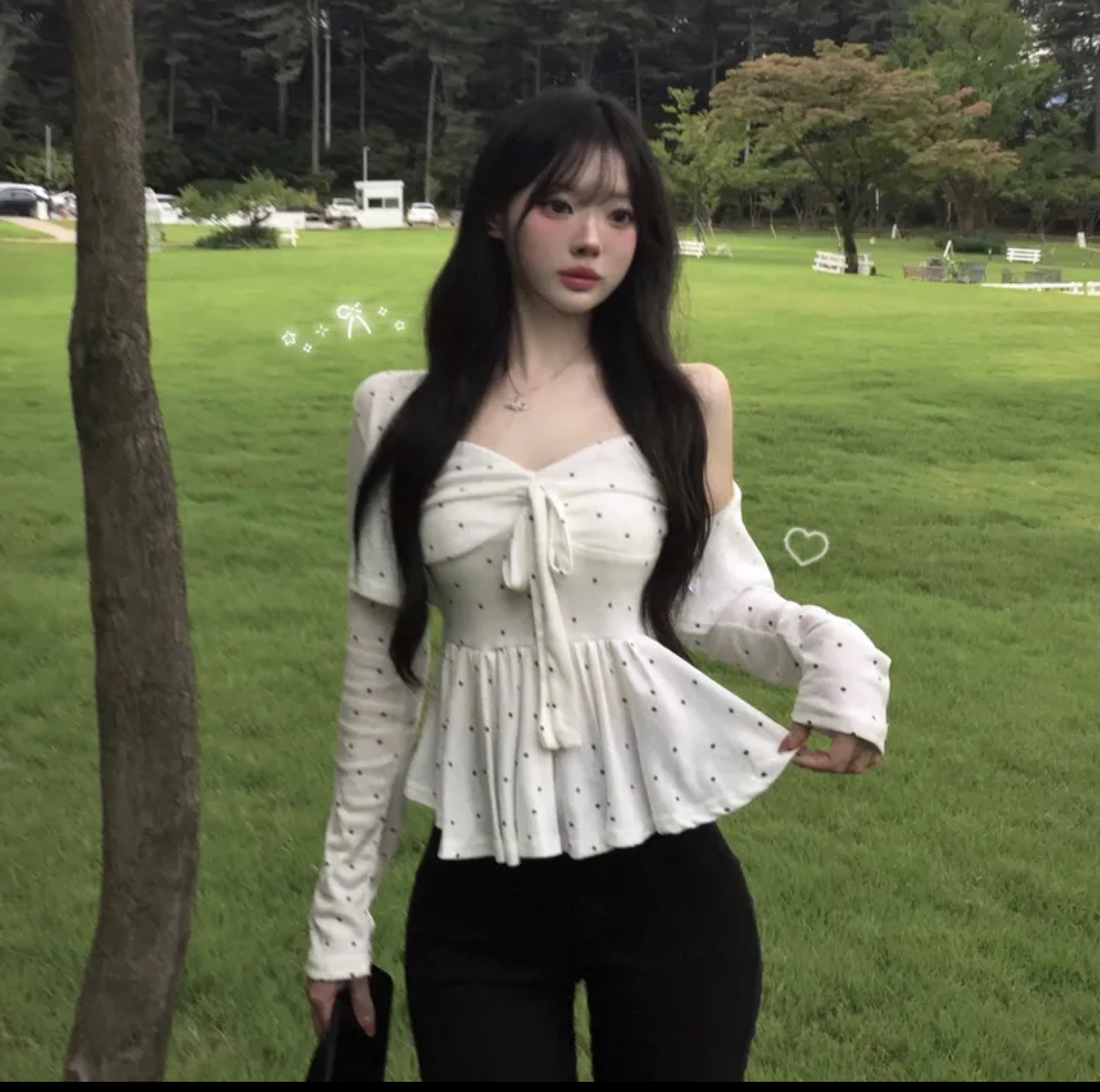 Shawne 25s秋新韩国正品代购 小众胸前系带点点背心组合开衫外套