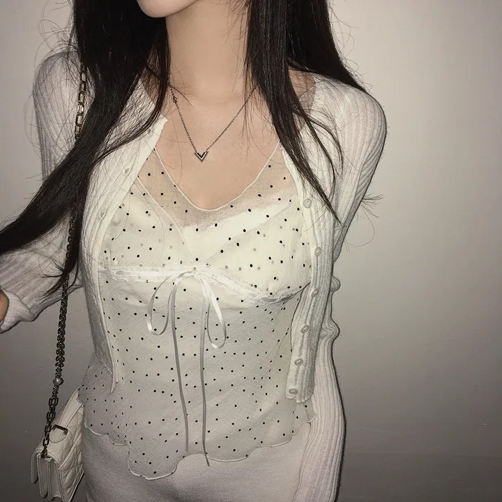 Shawne 25s春新韩国正品代购 小众波点图案蝴蝶结V领雪纺甜美背心