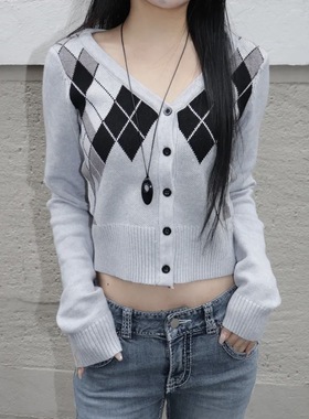 Shawne 26s春新韩国正品代购 Y2K菱形纹单排扣V领甜美针织开衫女