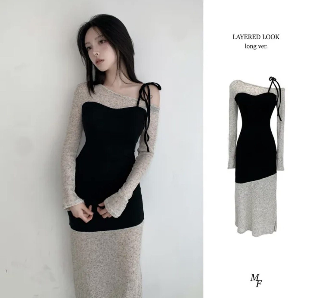 Shawne 25s冬新韩国正品代购 小众拼色性感露肩系带甜美连衣裙