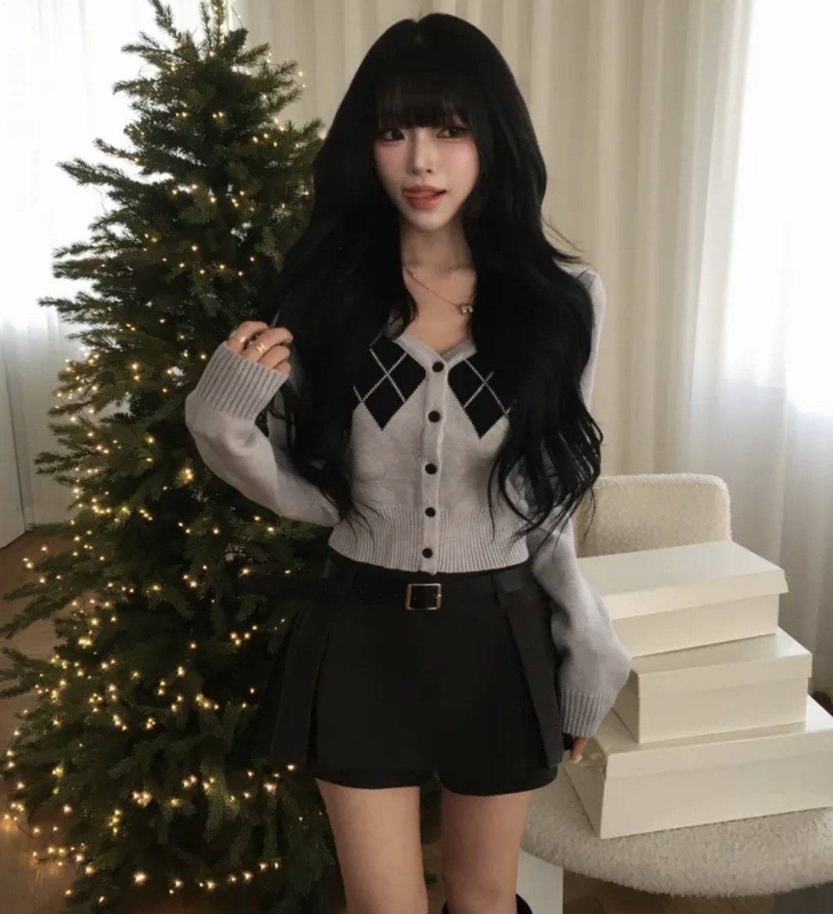 Shawne 25s冬新韩国正品代购 Y2K菱形纹复古av领甜美针织开衫女