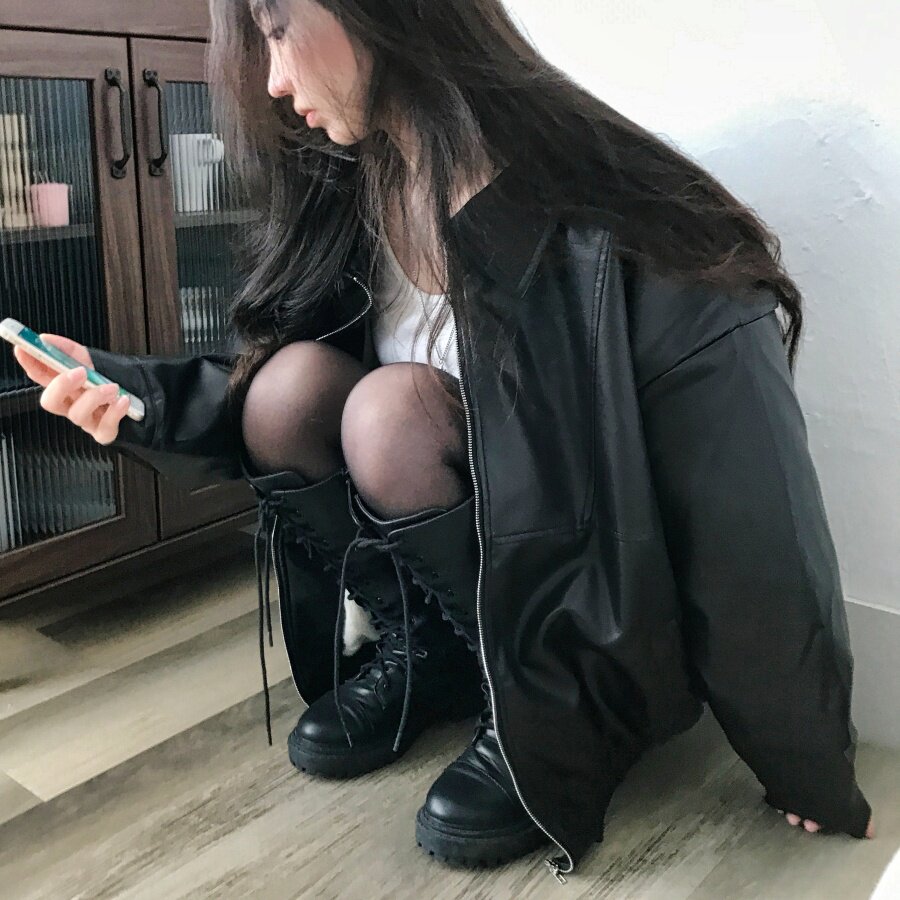 Shawne 26s秋新韩国正品代购 小众毛茸茸内里翻领拉链皮质夹克