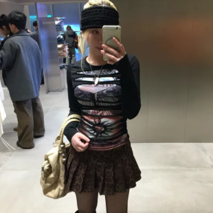 割破印花复古显瘦长袖 Shawne Y2K个性 代购 T恤 26s春新韩国正品