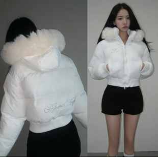 Shawne 25s冬新韩国正品代购 小众后侧镶钻字母毛帽短款羽绒服