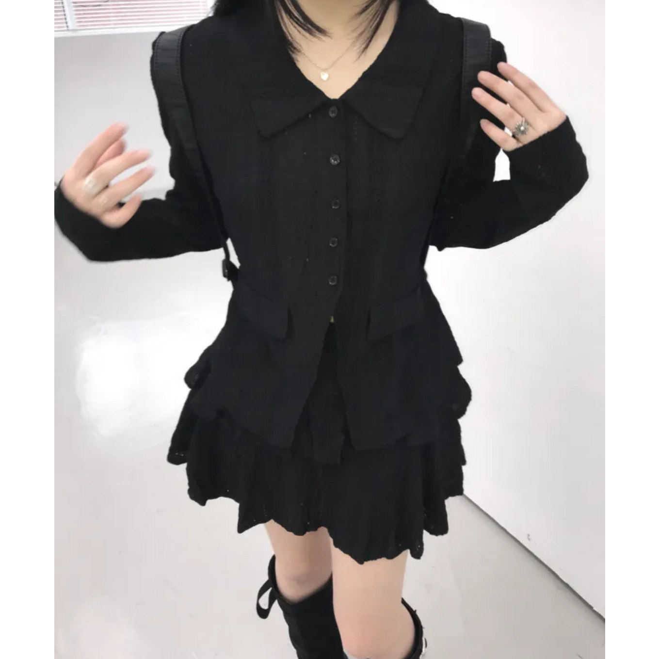 Shawne 25s冬新韩国正品代购 Y2K蕾丝花纹翻领单排扣衬衫短裙套装