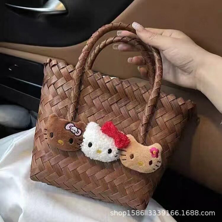小红书黑皮kt猫藤编包夏日可爱helloKitty迷你编织手提包出游小包