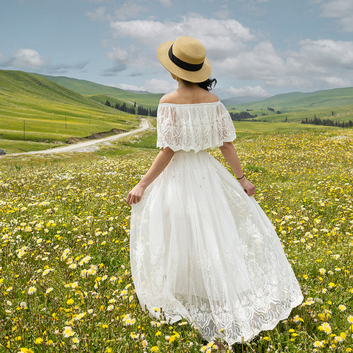 仙女裙大裙摆蕾丝花卉刺绣一字肩