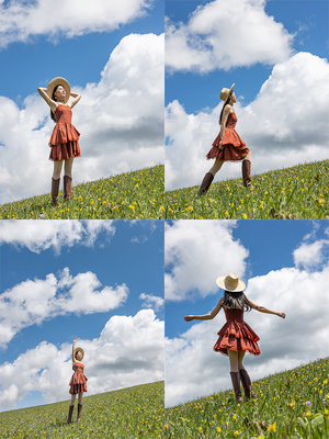 甜酷风蛋糕裙天丝麻纯色蕾丝拼接