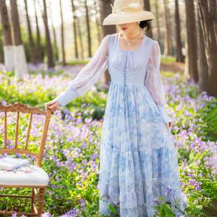 理想三旬女装 复古蓝色碎花蕾丝拼接大裙摆连衣裙长裙 春日来信
