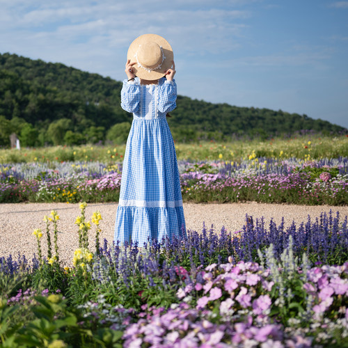 理想三旬女装复古田园风草原旅拍蓝色格子蕾丝拼接大裙摆连衣裙