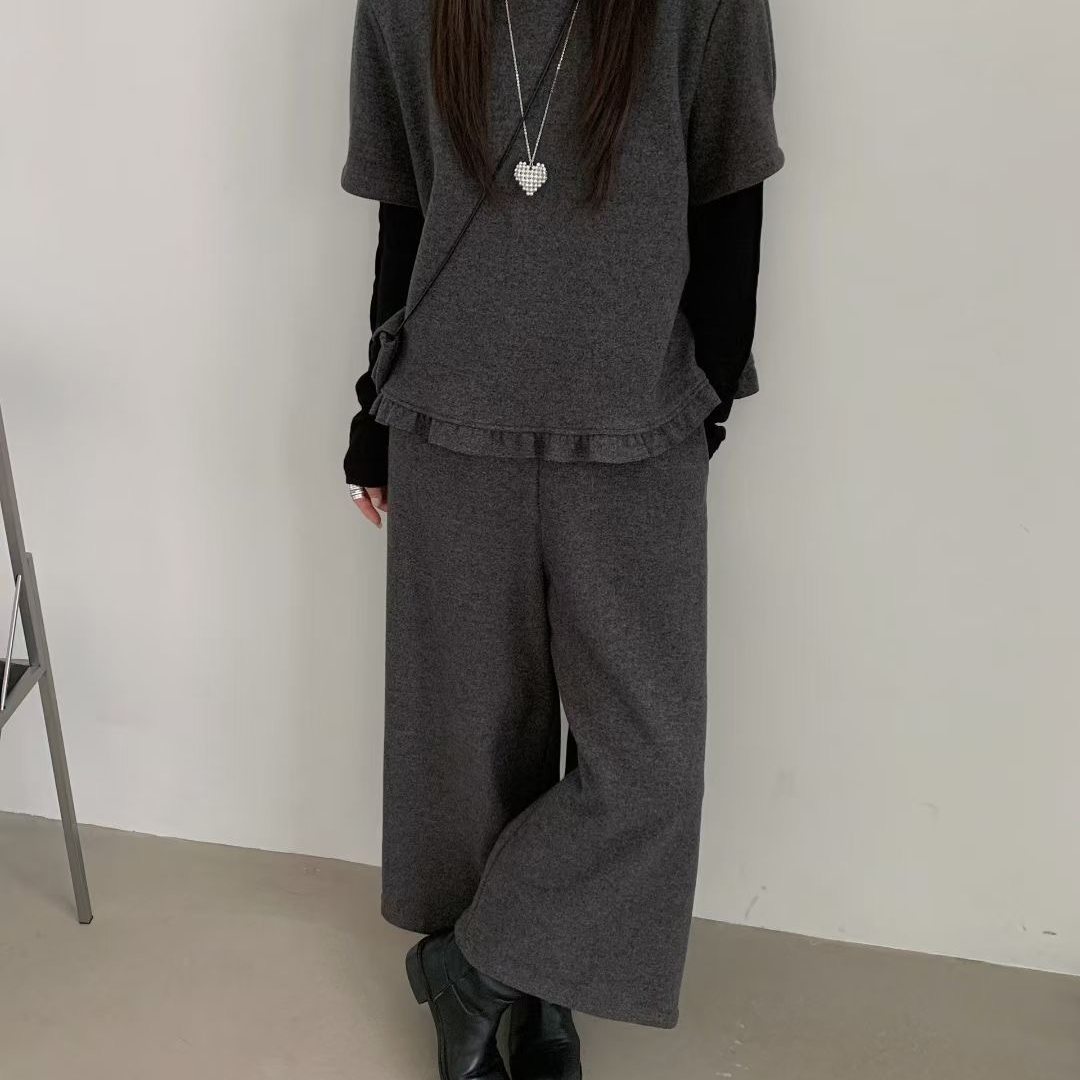 韩系叠穿毛呢短袖阔腿裤套装