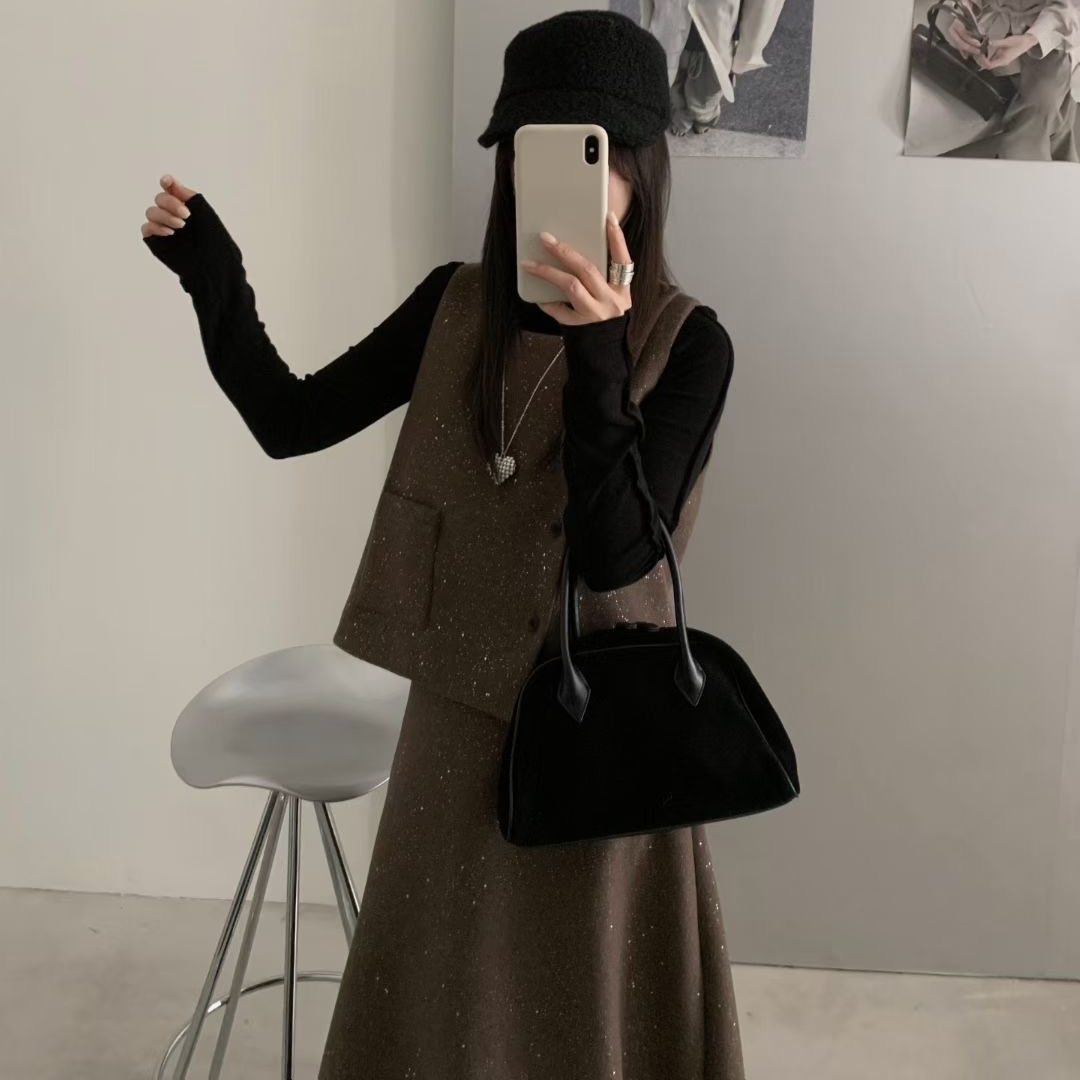 毛呢细闪背心中长款半裙套装女