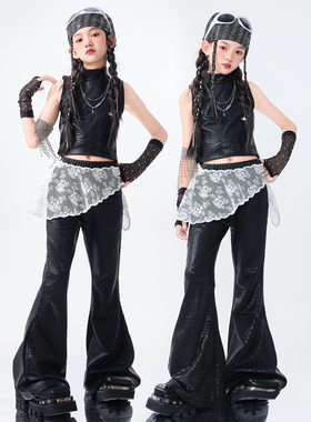 女童爵士舞服套装蛇纹皮裤喇叭裤