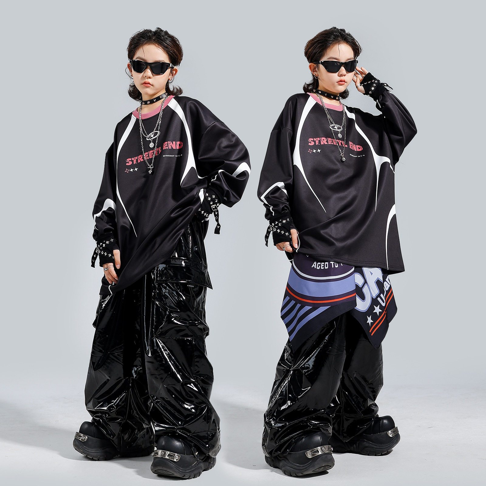 街舞儿童潮服套装炸街亮面皮裤酷