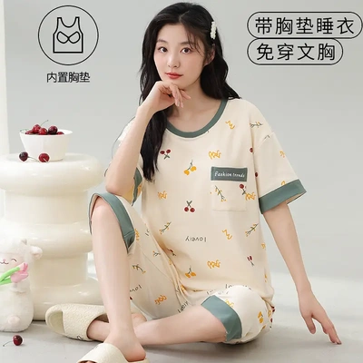 漂亮出门睡衣【短袖七分裤带胸垫